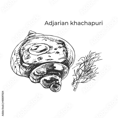 391_Adjarian khachapuri_dill_sketch of traditional georgian cuisine for menu design, hand drawn illustration of khachapuri, adjarian flatbread, spices, dill, garlic,