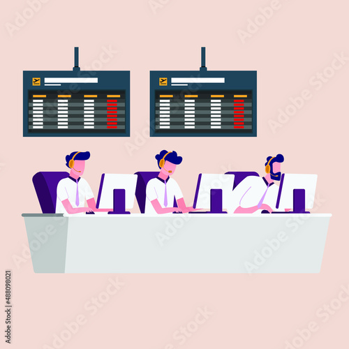 Assistants team with headphones sitting at tables with monitors. Call center service airplane. Scheduling ticket. Hotline flat vector illustrations.