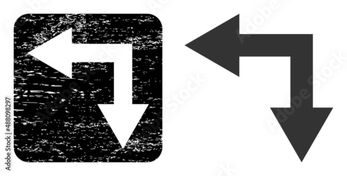 Vector bifurcation arrow left down carved icon. Grunge bifurcation arrow left down seal stamp, done with icon and rounded square.