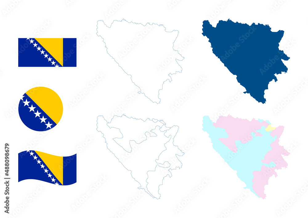 Obraz premium Bosnia and Herzegovina map. Detailed blue outline and silhouette. Administrative divisions and federal entities. Country flag. Set of vector maps. All isolated on white background. Template for design