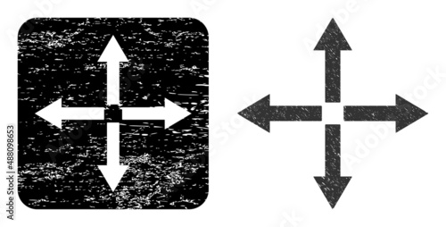 Vector expand arrows stencil icon. Grunge expand arrows stamp, done with icon and rounded square. Rounded square stamp have expand arrows cut out shape inside. Vector expand arrows grunge images.