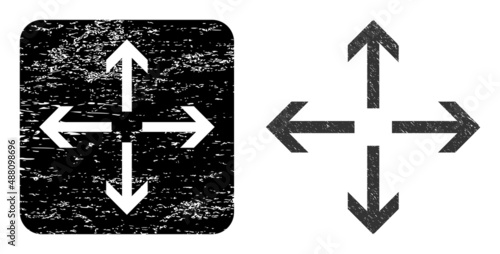 Vector expand arrows carved icon. Grunge expand arrows seal stamp, done from icon and rounded square. Rounded square stamp include expand arrows subtracted shape inside.