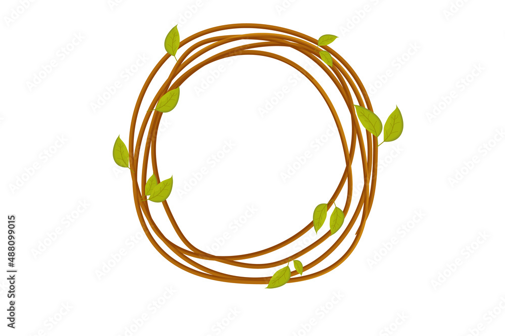Frame from wood branch with leaves, spring garland from sticks, cute decoration in cartoon style isolated on white background. 