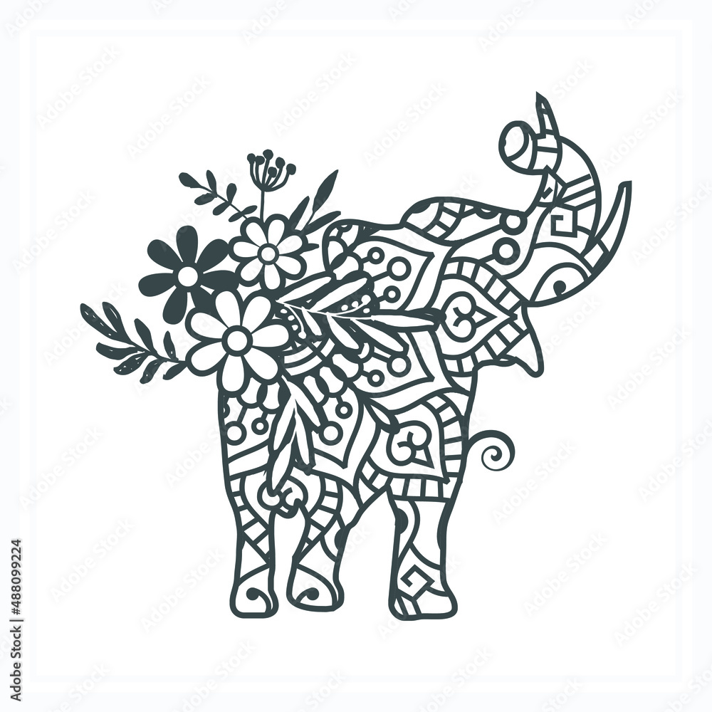 Elephant Mandala with Flower, Paper Cut & Print, Vector Elephant Mandala with Flower, Paper Cut & Print, Vector