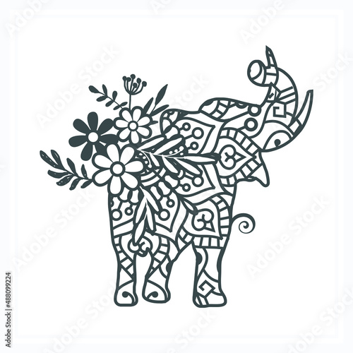 Elephant Mandala with Flower, Paper Cut & Print, Vector