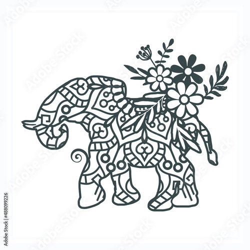 Elephant Mandala with Flower, Paper Cut & Print, Vector