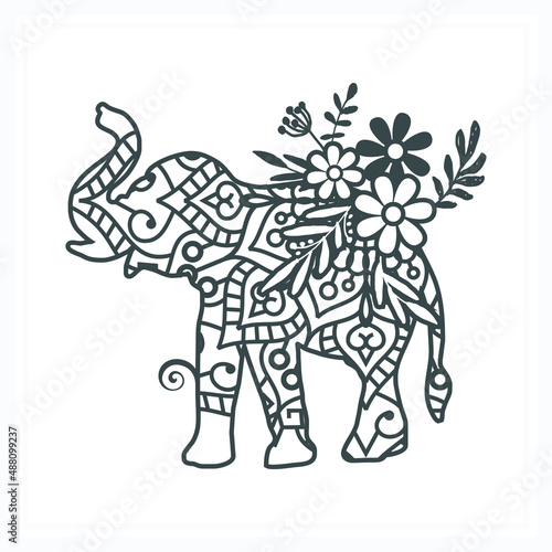 Elephant Mandala with Flower, Paper Cut & Print, Vector