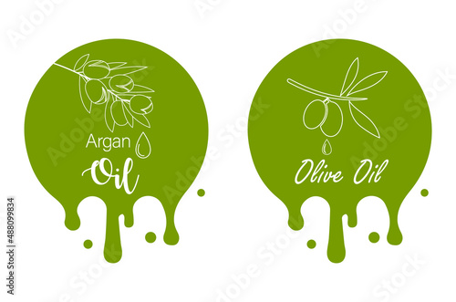 Argan oil, olive oil label design with olive and argan branches line art vector illustration 
