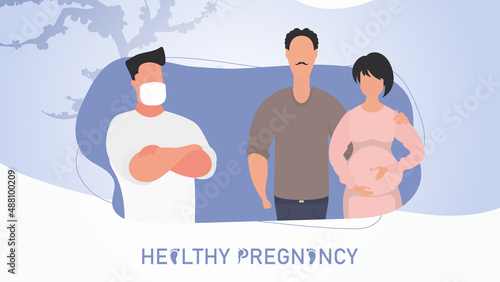 Healthy pregnancy banner. A married couple at a doctor's appointment. Vector illustration.