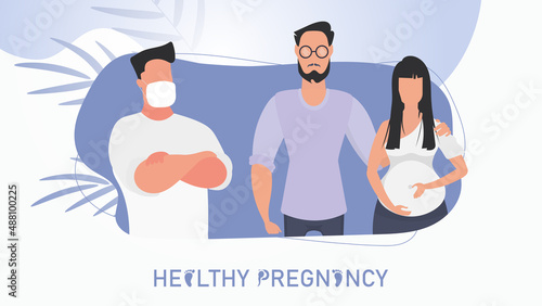 Healthy pregnancy banner. A married couple at a doctor's appointment. Vector illustration design.