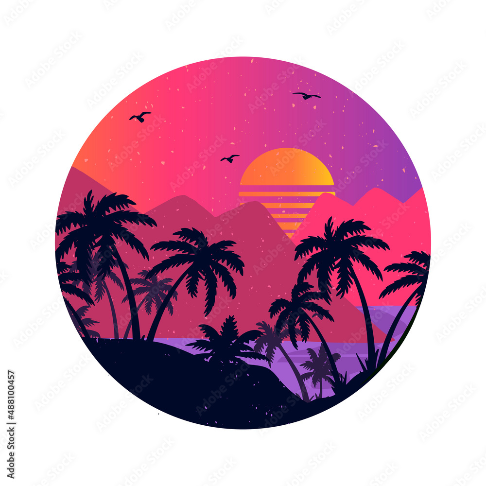 retro tropical landscape vector illustration. landscape with palm trees in round frame very peri, vector.palm trees, sea, orange sun mountains vector drawing.eps