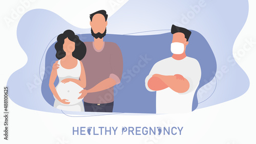 Healthy pregnancy poster. A married couple consult with a doctor. Vector illustration.