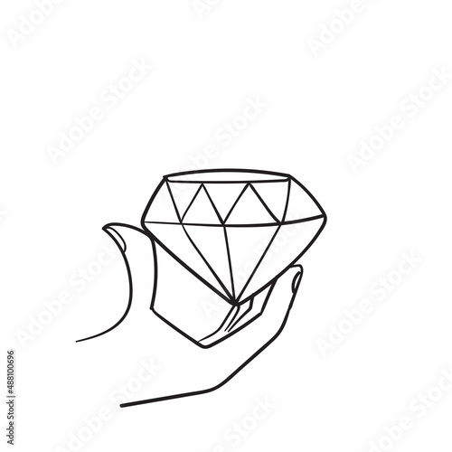 hand drawn doodle hand holding diamond gem illustration vector isolated