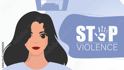 Stop violence against women. Woman with a banner. A strong woman protesting against violence. Vector illustration design.