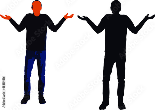 I don't know. the black silhouette of a man. Making the "no idea" gesture with his arms, shoulders, and hands.
