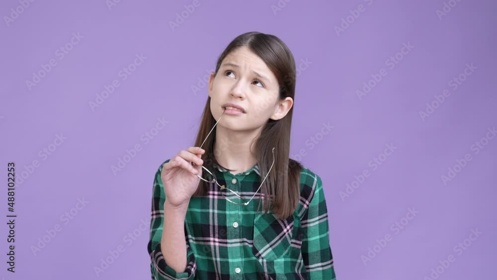 Geek kid contemplate perfect conclusion isolated shine color background Geek kid contemplate perfect conclusion isolated shine color background