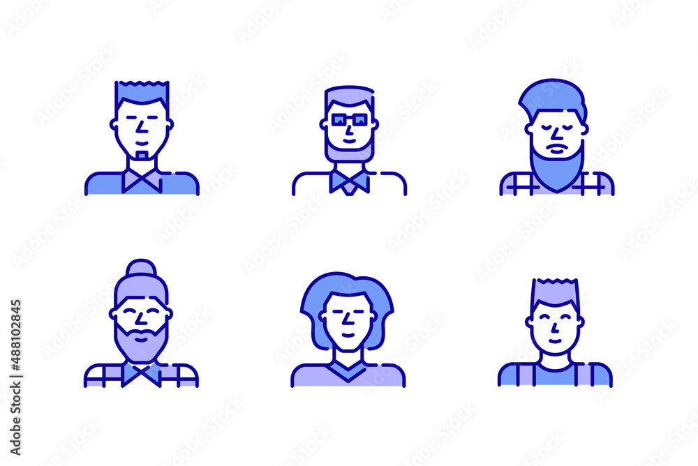 Men profile picture icons set. Young adults, hipsters, teenagers. Pixel perfect, editable stroke color icons Men profile picture icons set. Young adults, hipsters, teenagers. Pixel perfect, editable stroke color icons