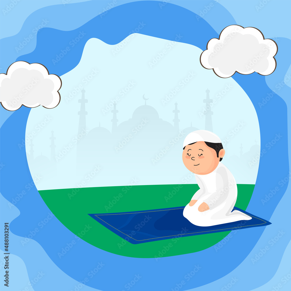 Abstract Blue And Green Silhouette Mosque Background With Muslim Young Boy Praying (Namaz) On Mat. Abstract Blue And Green Silhouette Mosque Background With Muslim Young Boy Praying (Namaz) On Mat.