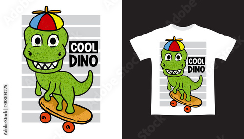 Hand drawn funny dinosaur playing skateboard t shirt design