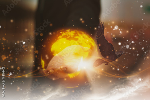 Photography Businessman contemplation and raise hands touching world, praying free bird for