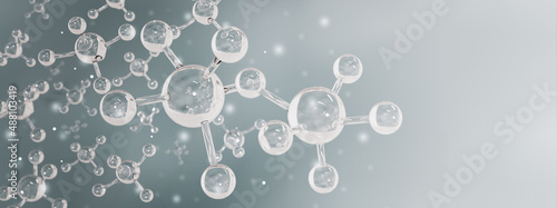 Biotechnology science analysis concept,transparent atom and molecule water structure,blue background, from microscope in laboratory, chemistry, medical research and development,3d render illustration