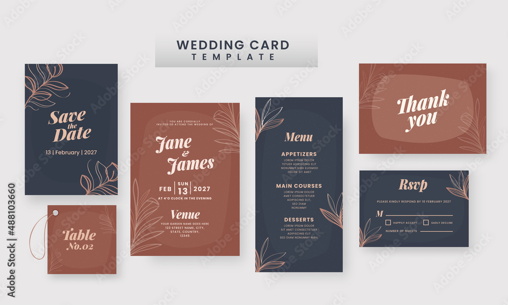 Wedding Card Template As Save The Date, Menu, Thank You, RSVP And Table No.