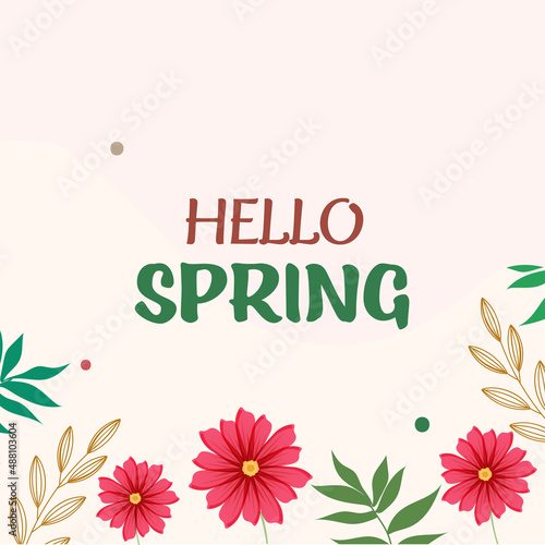 Hello Spring Font With Flowers, Leaves Stem Decorated On Pastel Pink Background.