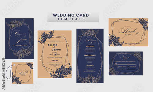 Wedding Card Suite Template Decorated With Rose Flowers In Brown And Blue Color.