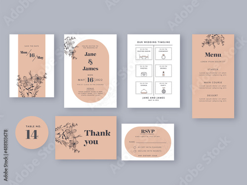 Wedding Card Suite Template Layout In White And Peach Color.