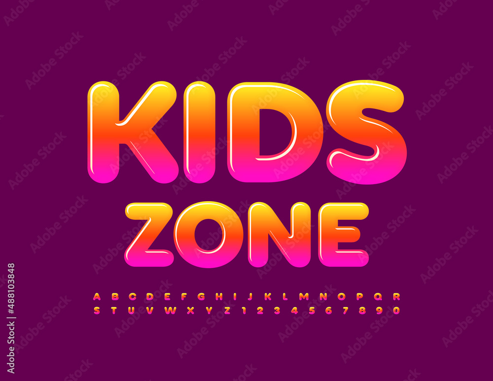 Vector colorful emblem Kids Zone. Cute glossy Font. Creative gradient Alphabet Letters and Numbers set
