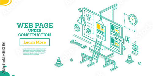Web Page Under Construction. Vector Illustration. Isometric Outline Concept.