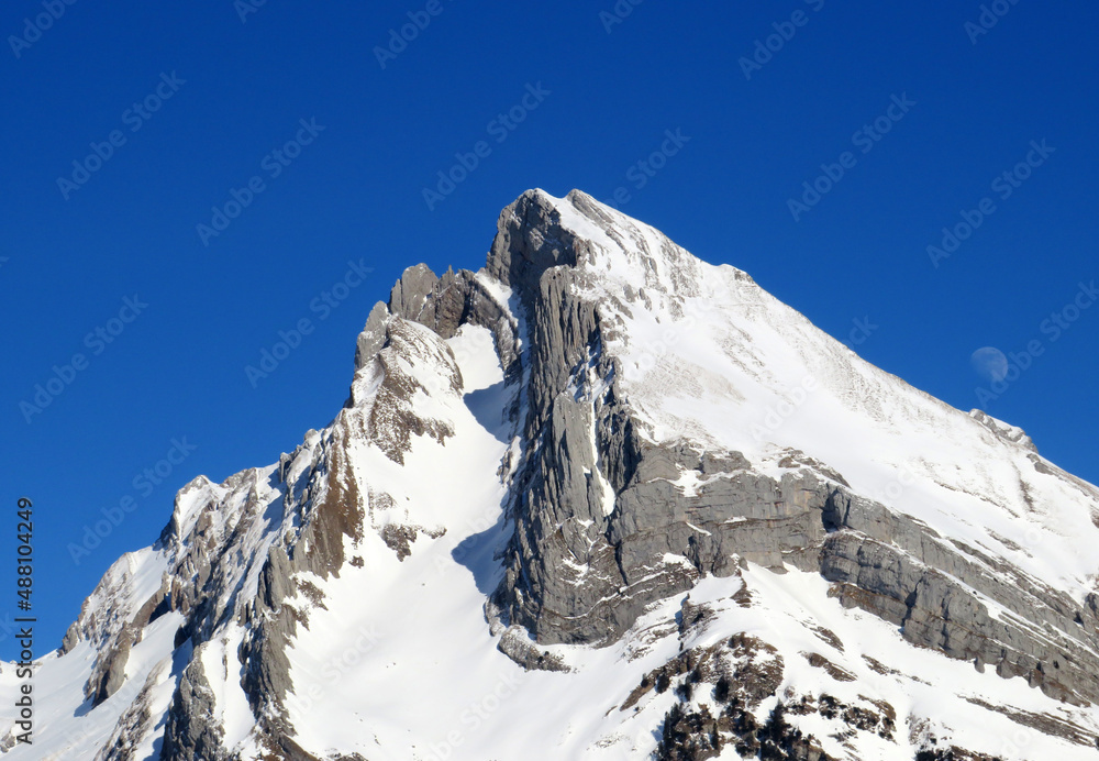White blanket on alpine peak Wildhuser Schofberg (or Wildhuser Schafberg, 2373 m) in Alpstein mountain range and in Appenzell Alps massif, Alt St. Johann - Canton of St. Gallen, Switzerland (Schweiz)