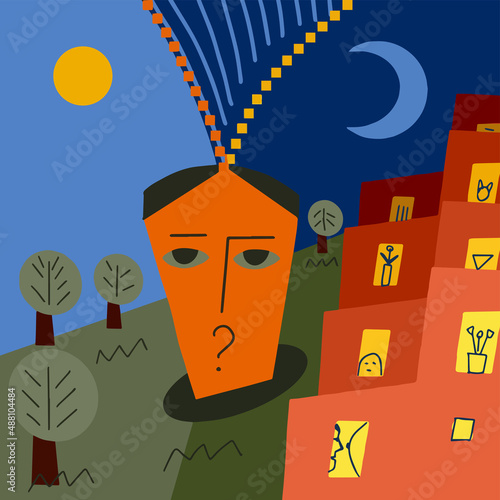 a formal composition stylized into a picture is a question both day and night, vector illustration