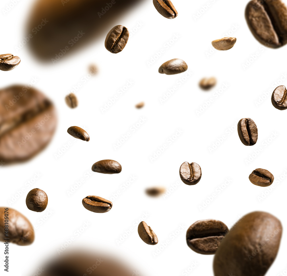 Coffee beans levitate on a white background Coffee beans levitate on a white background