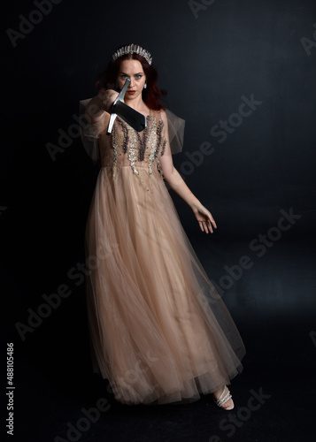  Full length portrait of pretty female model with red hair wearing glamorous fantasy tulle gown and crown.  Posing with a moody dark background. © faestock