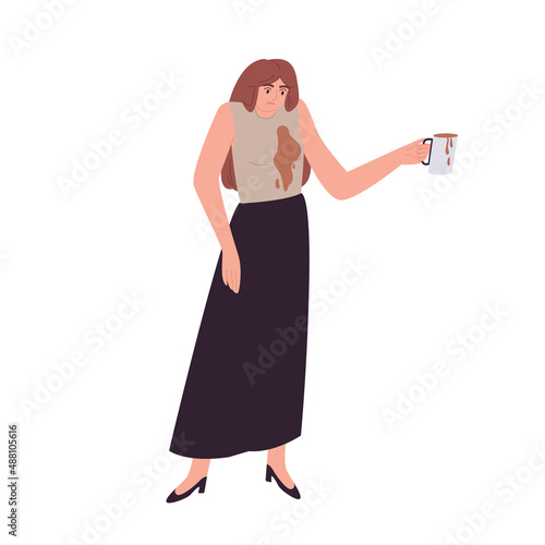 Young woman is upset because of the spilled coffee. Female is in shock. A startled reaction. Girl accidentally doused herself with a drink. Cartoon vector illustration on an isolated white background.