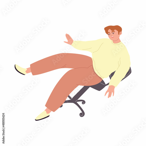 Young man falls off his chair. The male character is flying to the floor. A person in an unstable position. The concept of failure. Cartoon vector illustration on an isolated white background.