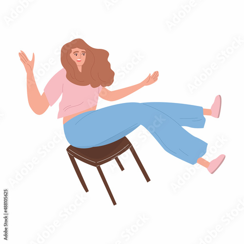 Young woman falls off his chair. The female character is flying to the floor. A person in an unstable position. The concept of failure. Cartoon vector illustration on an isolated white background.