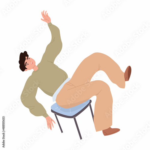 Young man falls off his chair. The male character is flying to the floor. A person in an unstable position. The concept of failure. Cartoon vector illustration on an isolated white background.