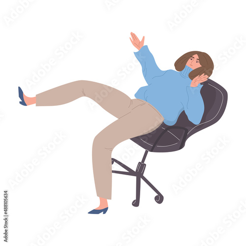 Young woman falls off his chair. The female character is flying to the floor. A person in an unstable position. The concept of failure. Cartoon vector illustration on an isolated white background.