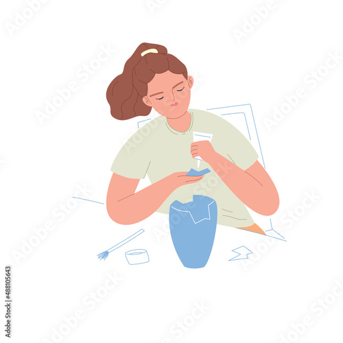 Female character glues together a broken vase. A young girl enjoys engaged in a hobby.  Cartoon vector flat illustration on an isolated white background.
