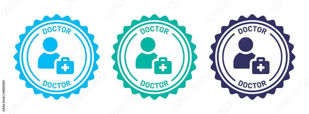 Doctor icon vector on badge design. Medical staff, nurse, physician symbol isolated on white background.