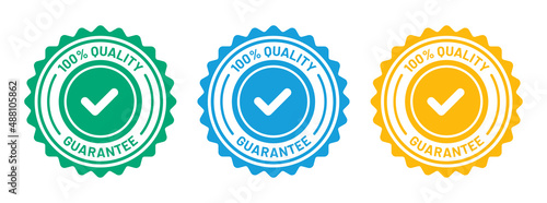 100% quality guarantee on round badge icon set. Quality Control Approved icon.