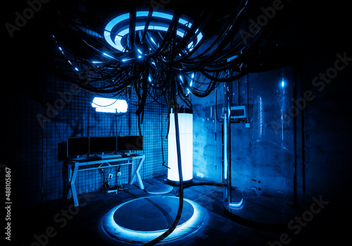 Cyberpunk style science laboratory scene photo