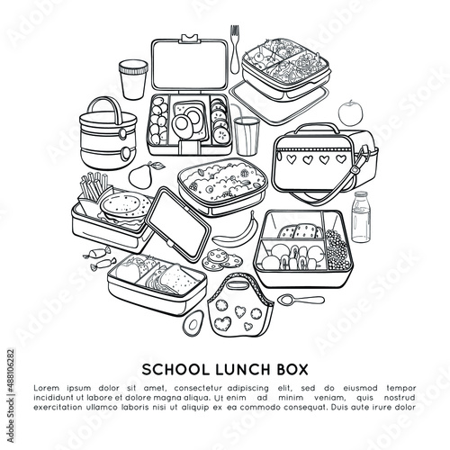 Vector circle made from thermos, handbag, a cup of tea, thermo bag, container with food, fork, spoon, school lunch box, apple, pear, sweets, bottle juice. Line poster. Sketch objects and food.