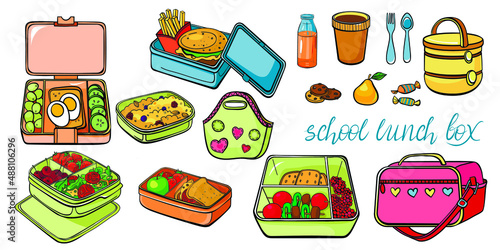 School lunch box set: container, veggie shooter, fast food, berries porridge, thermos, handbag, thermo bag,cookies with chocolate, pear, sweets, fresh juice in a bottle. Color vector sketch.