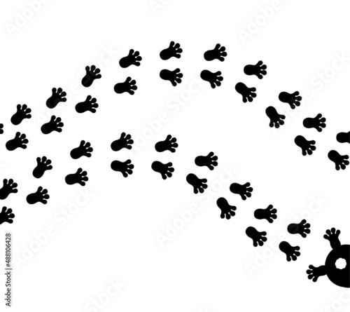 Paw footprint of rabbit on white background. Rabbit run away. Hare track for backgrounds, patterns, design, greeting cards, child prints and etc. Vector illustration.