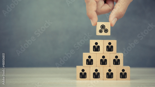 Hand choose cube wooden block stack with cog on human icon stack in pyramid for leadership and business team creative thinking and human resources for teamwork or team player.