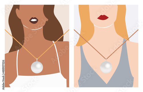 Jewelry display card template. Necklace display card. Fashionable illustration of women