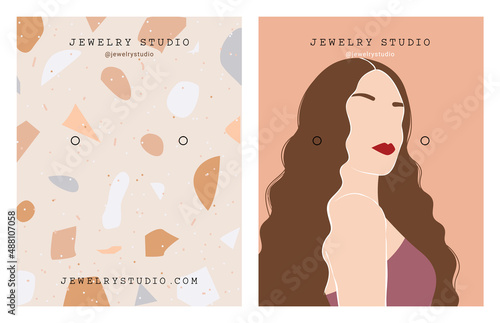 Jewelry display card template. Earring display card. Illustration of a woman and abstract background